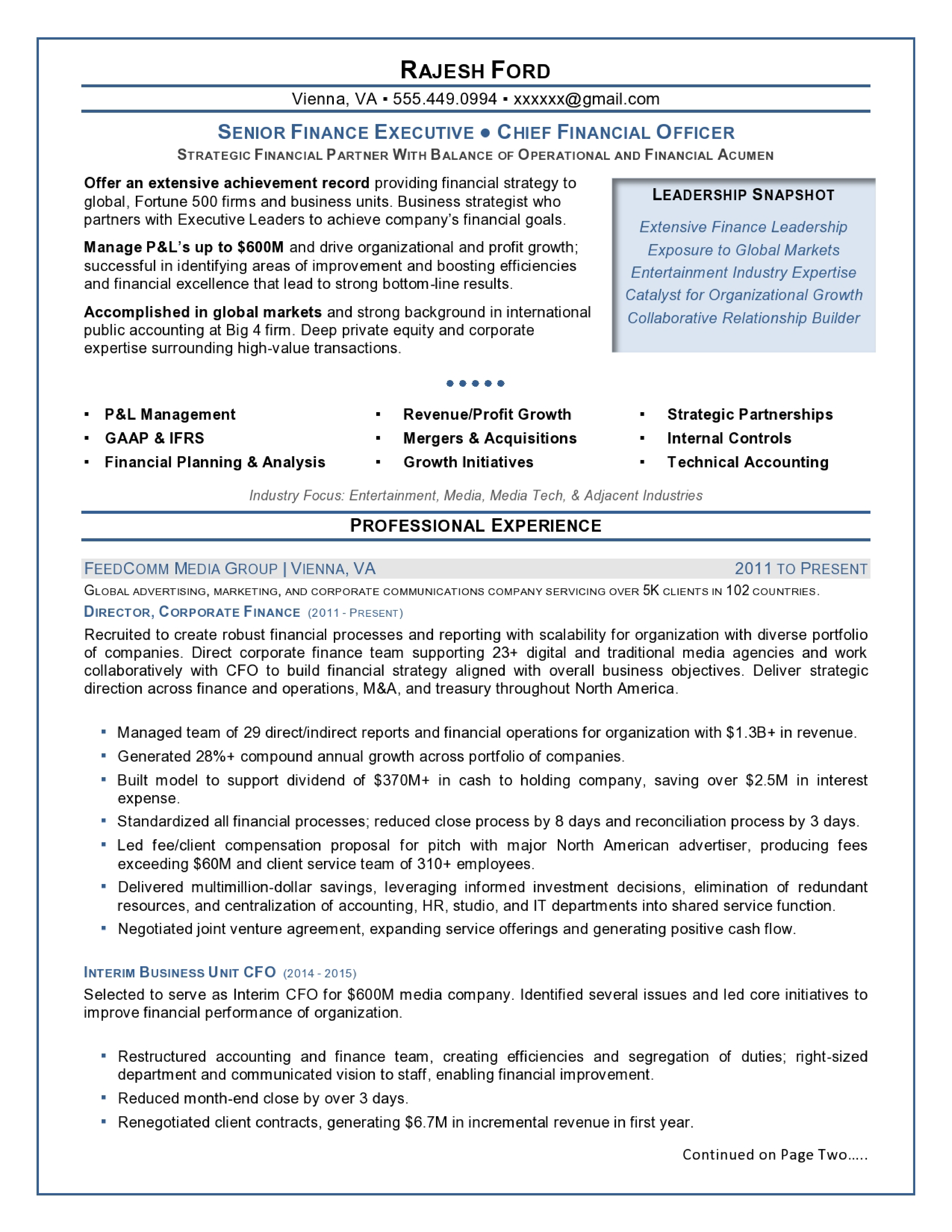 Senior Finance Executive Curriculum Vitae template main image