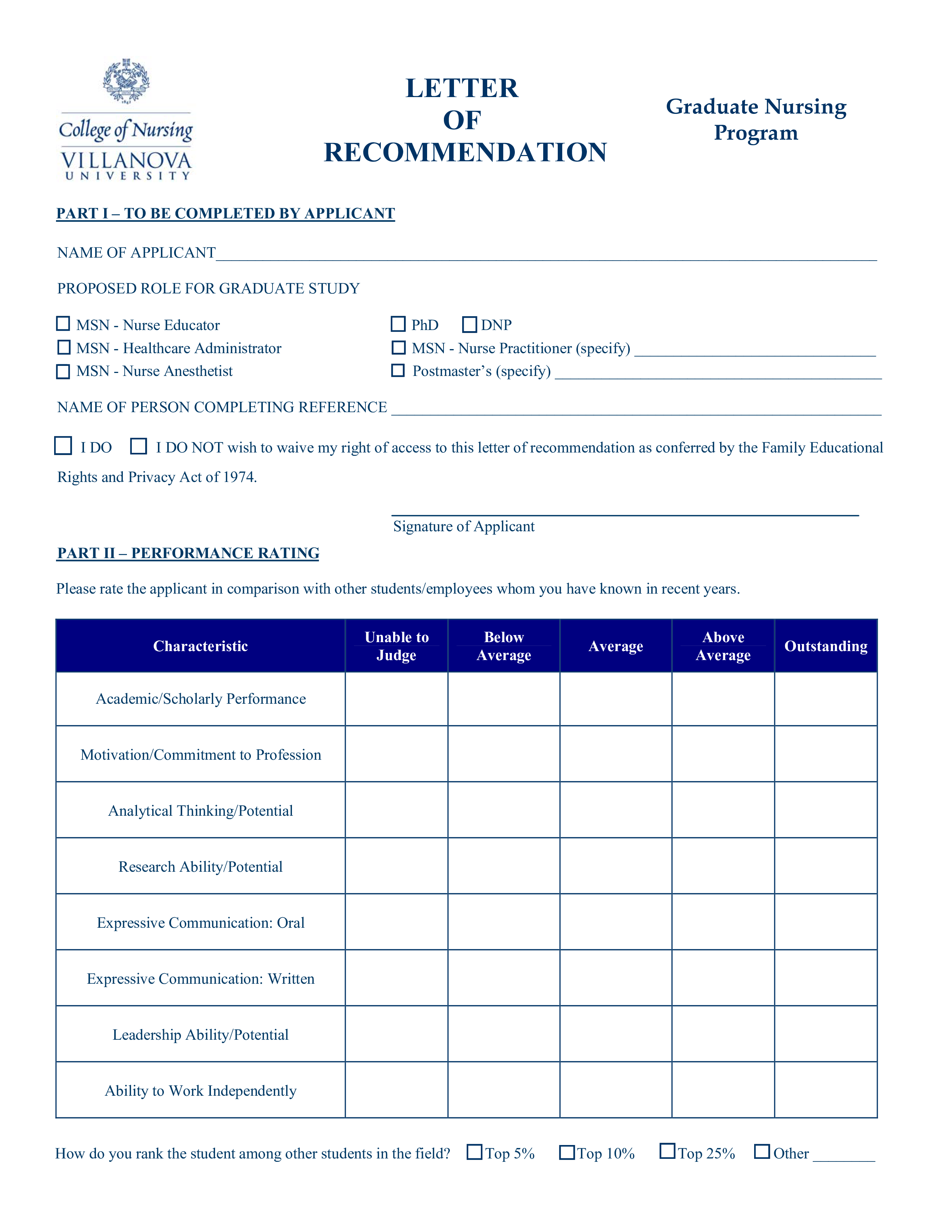 Nursing Graduate Program Reference Letter 模板