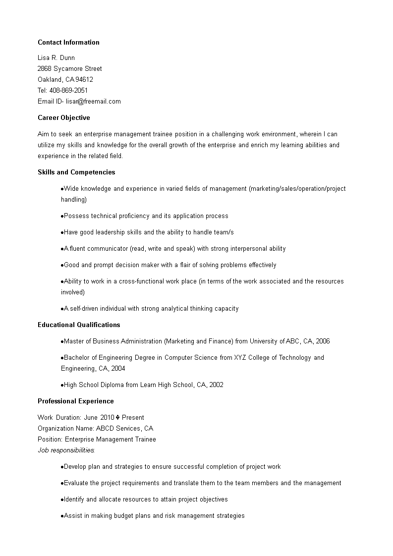 Enterprise Manager Trainee Resume main image