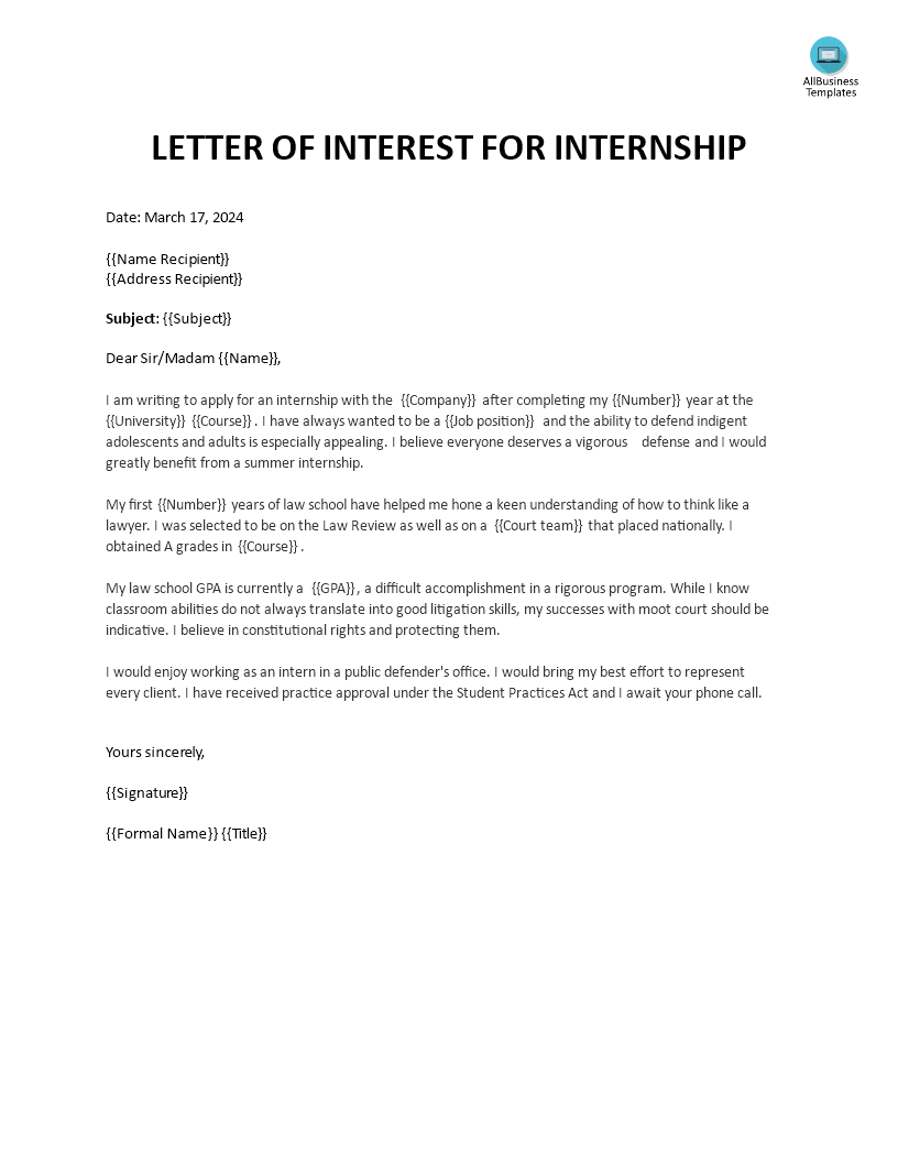 Letter of Interest for Internship Sample 模板