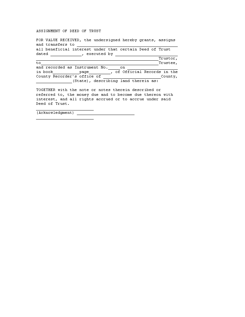 assignment of deed of trust in word format modèles