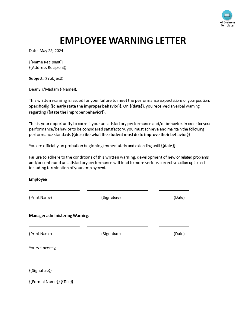 warning letter to employee for poor performance plantilla imagen principal