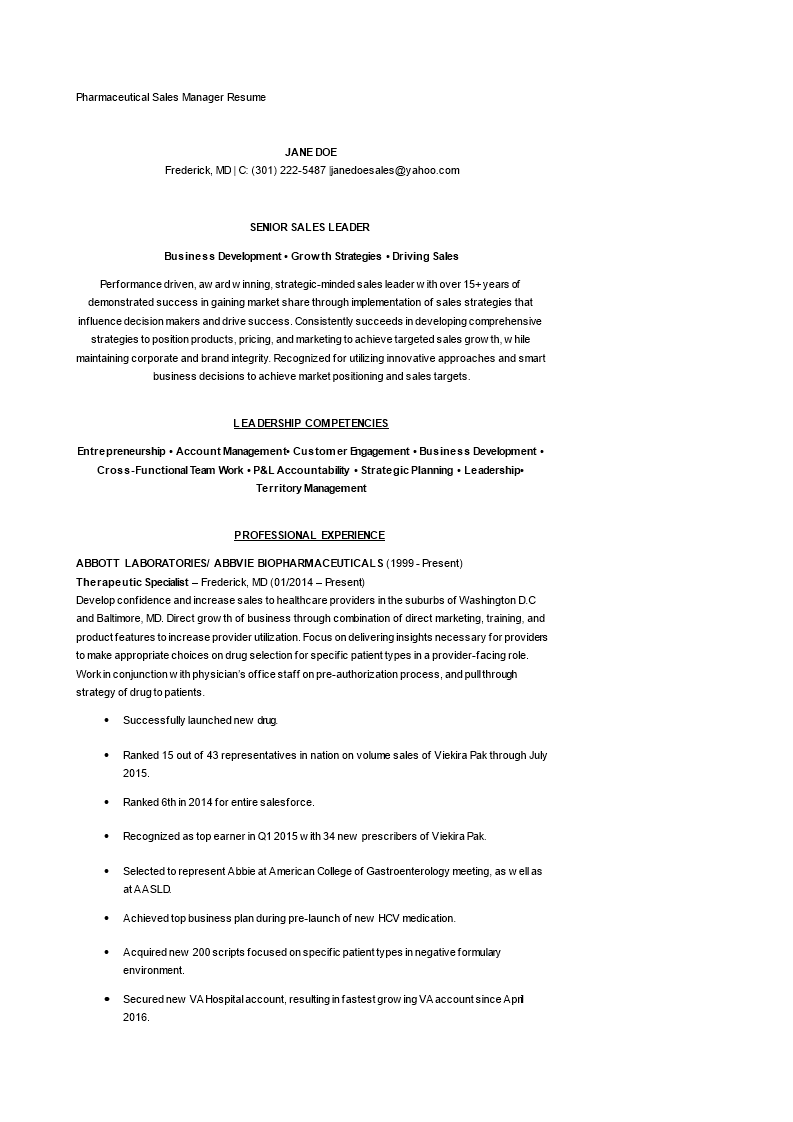 Pharmaceutical Sales Manager Curriculum Vitae main image