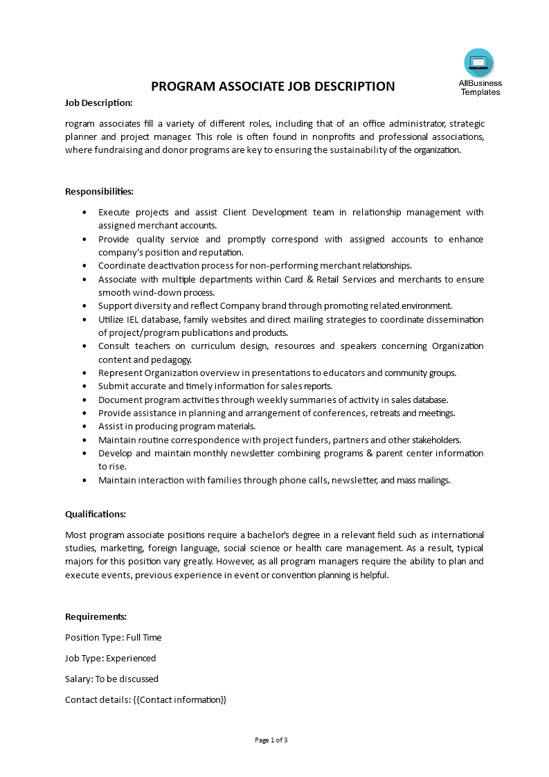 program associate job description modèles