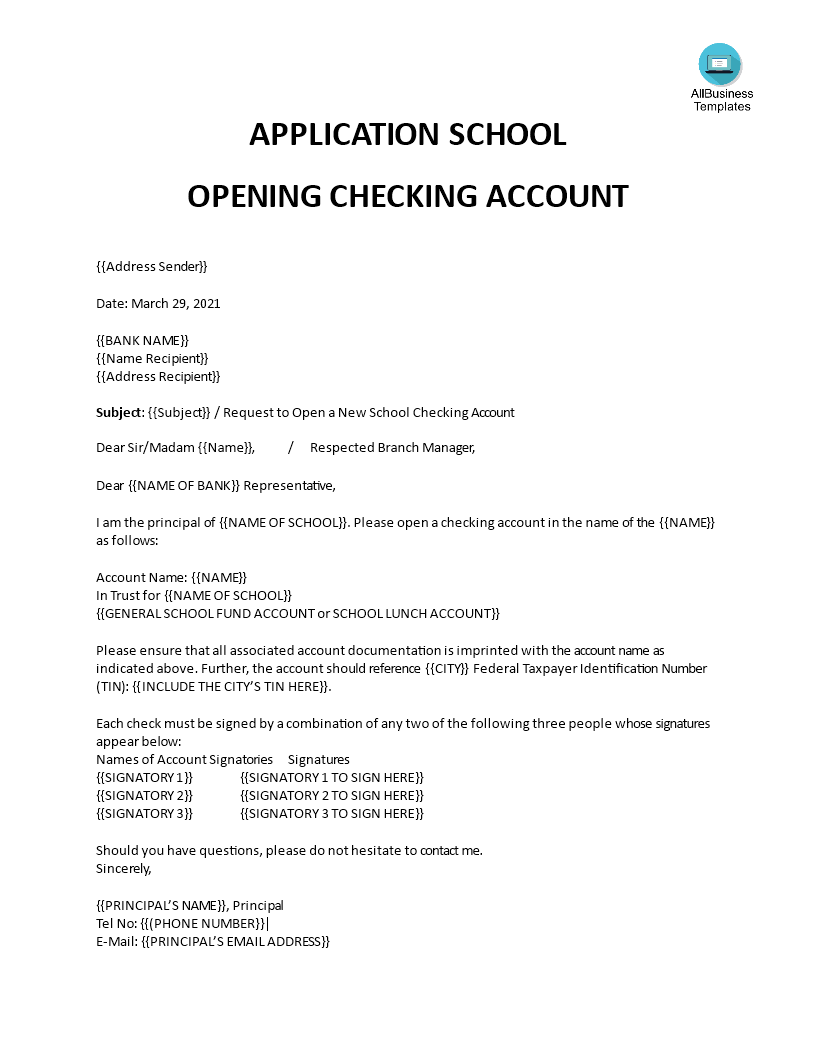 bank account application letter template voorbeeld afbeelding 