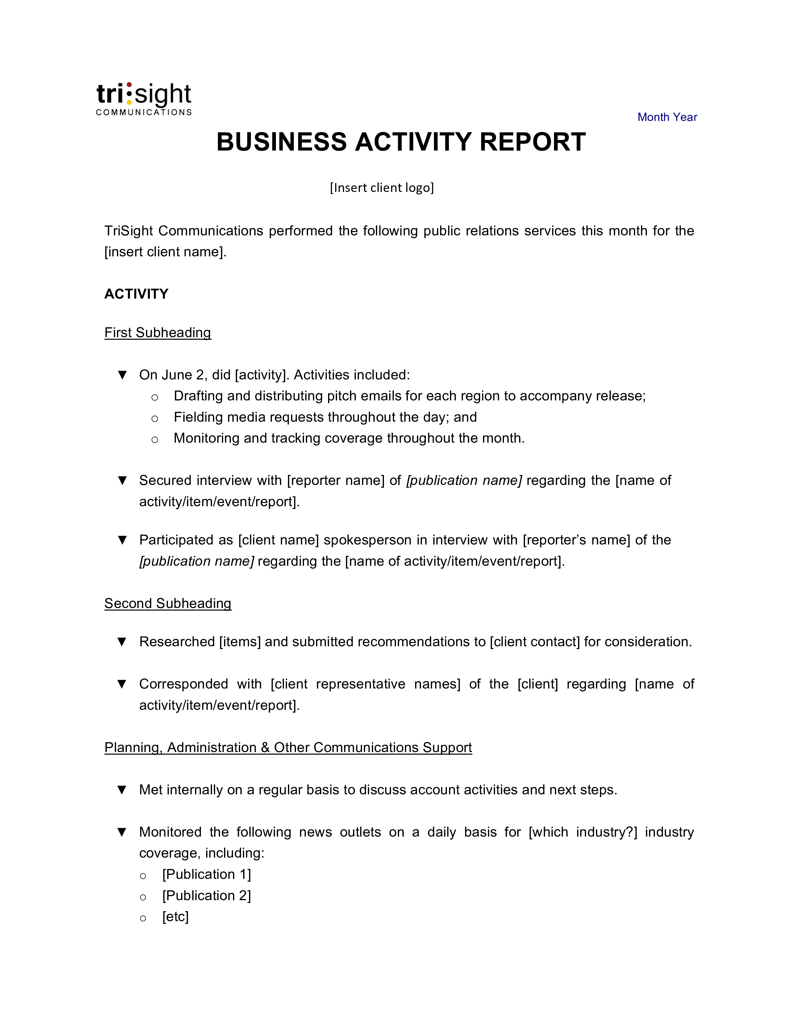 business activity report format modèles