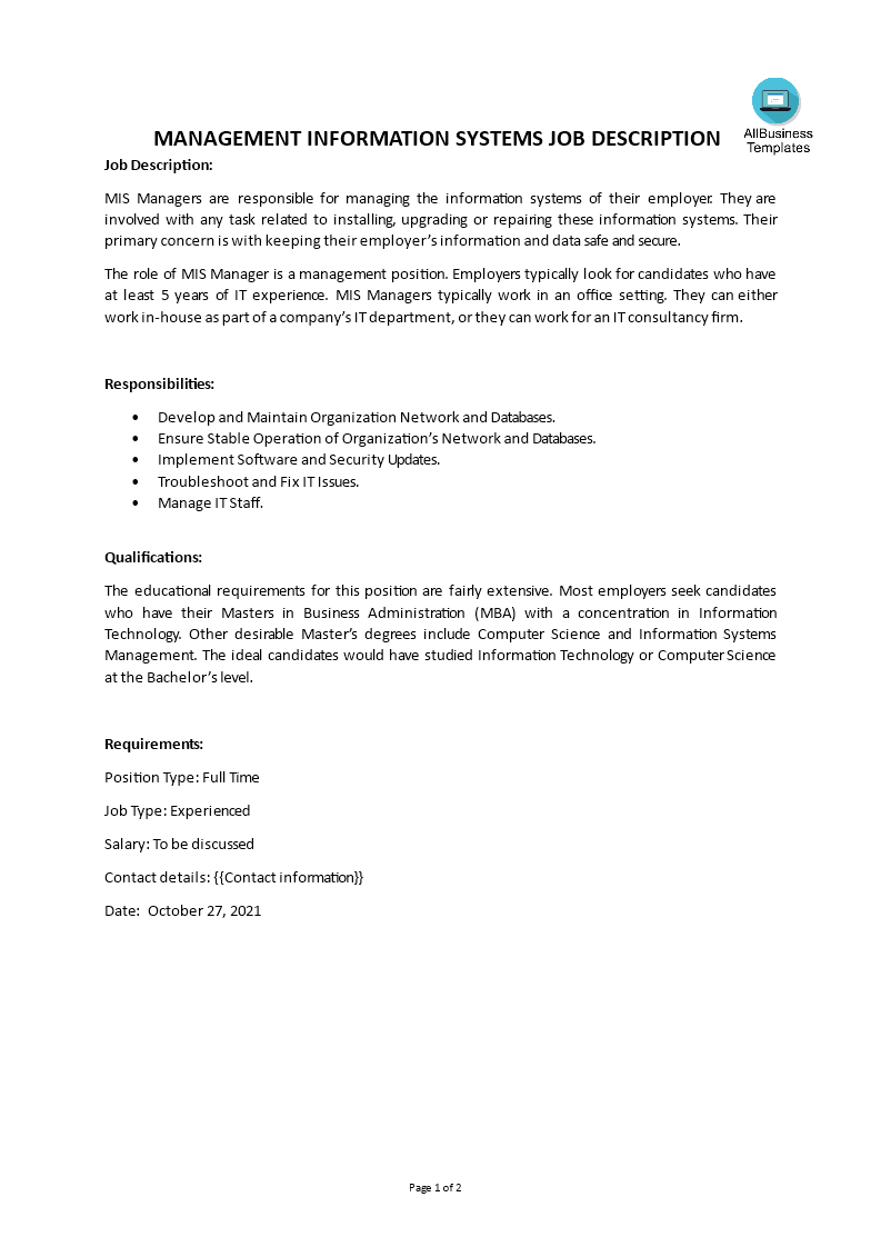 management information systems job description template