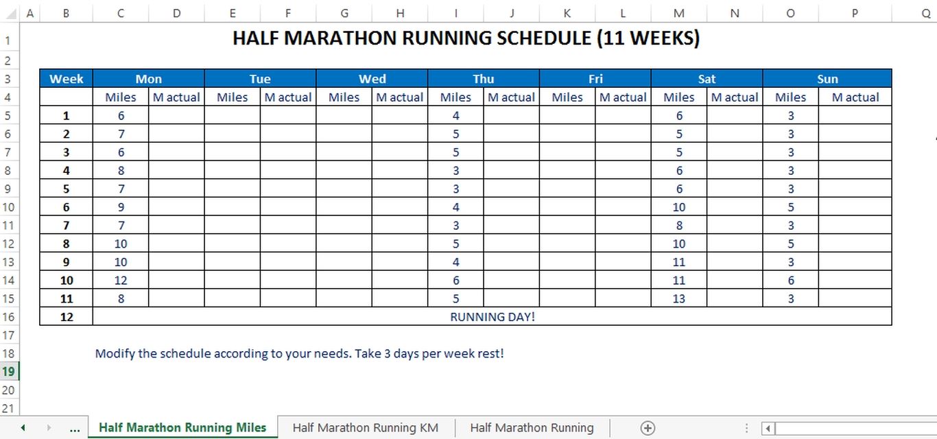 免费 Marathon Running Schedule for starters (in Miles) 样本文件在
