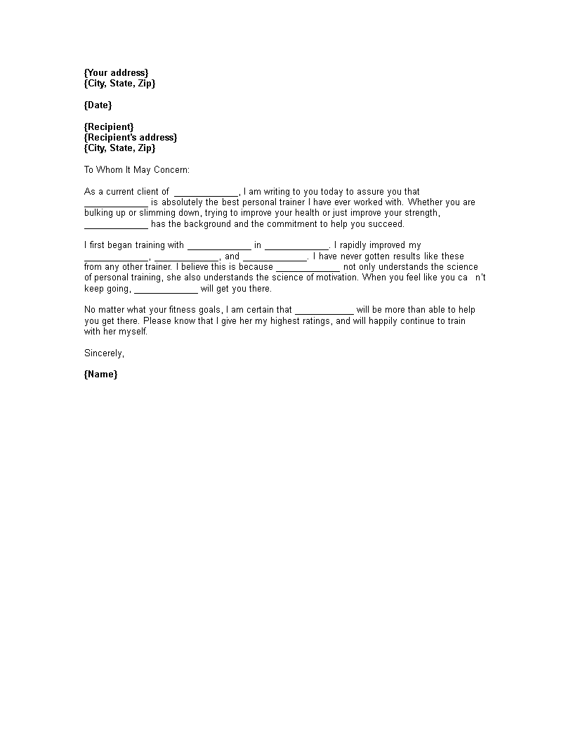 personal trainer letter of recommendation template