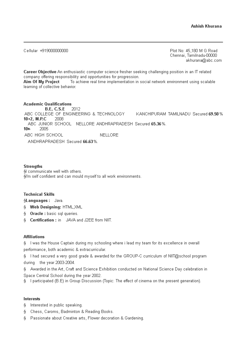 Professional Fresher Engineer Resume main image