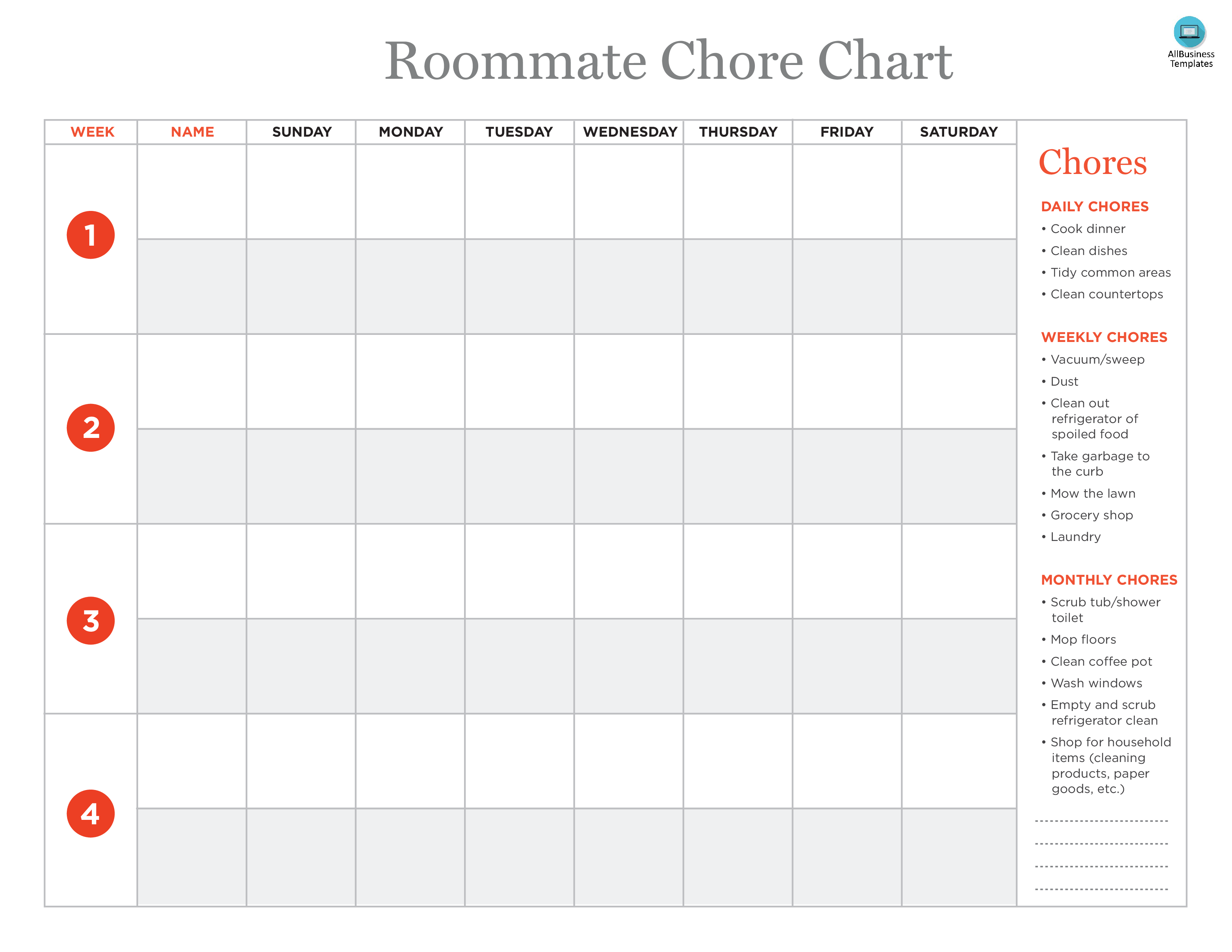 roommate chore chart template