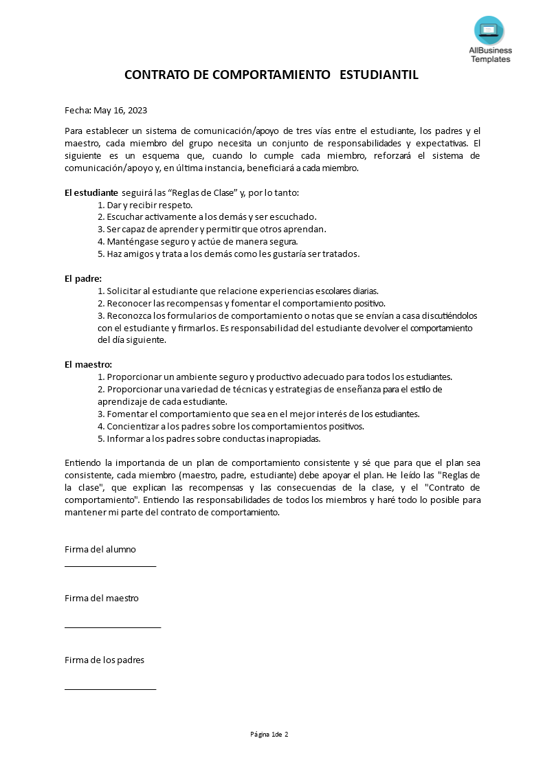 contrato de comportamiento estudiantil plantilla imagen principal