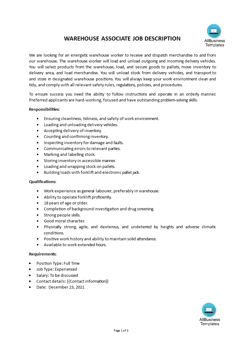 warehouse associate job description template