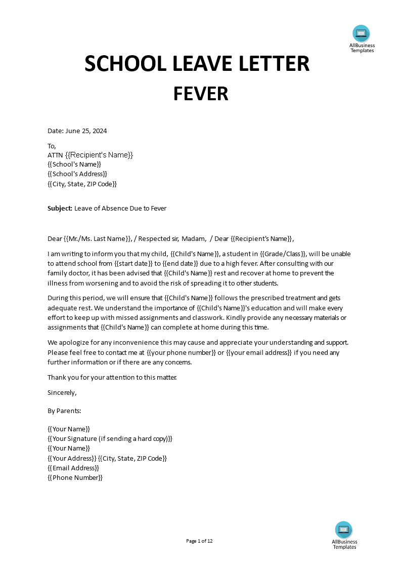 leave application letter for office for fever