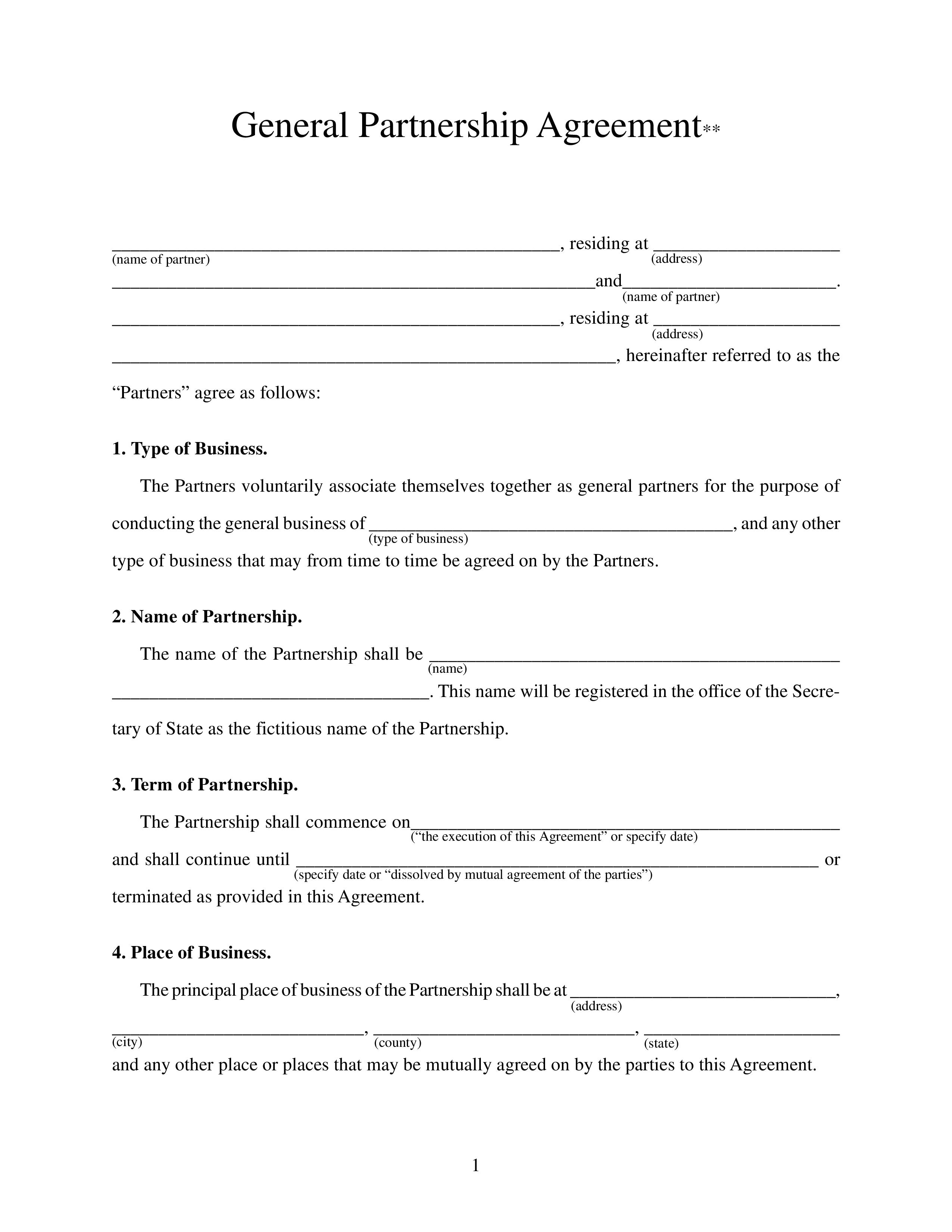 general business partnership agreement template