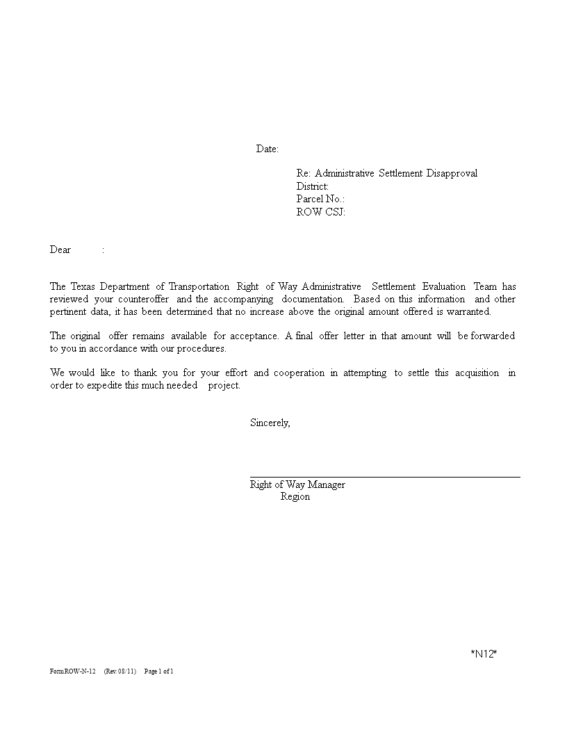 settlement disapproval letter plantilla imagen principal