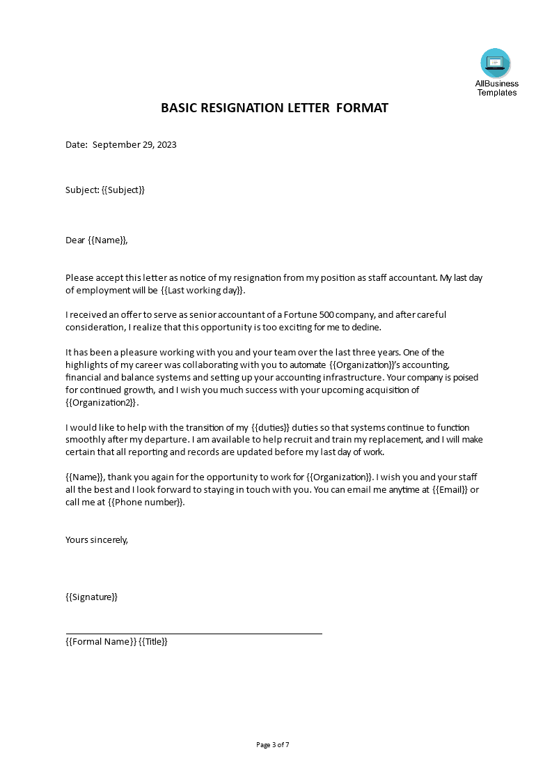basic resignation letter format template