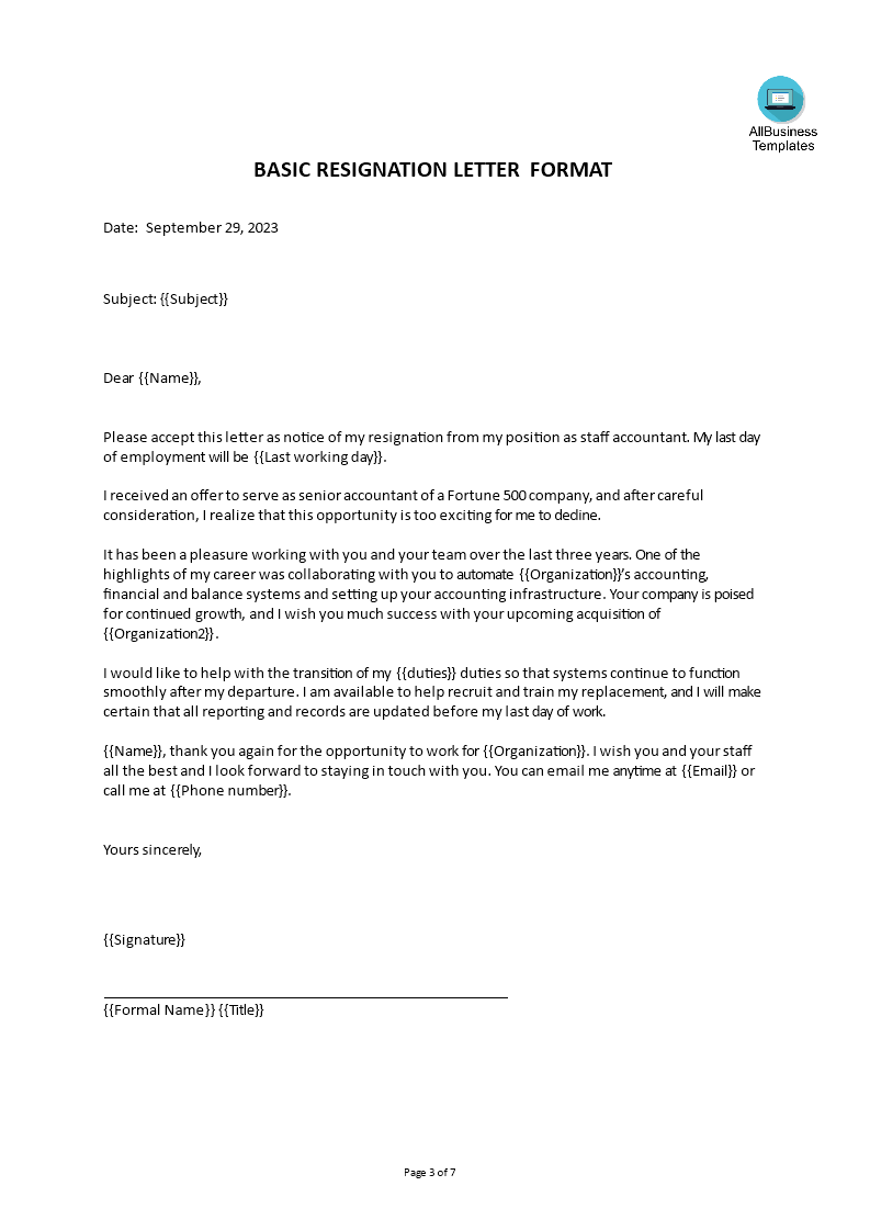 basic resignation letter format voorbeeld afbeelding 