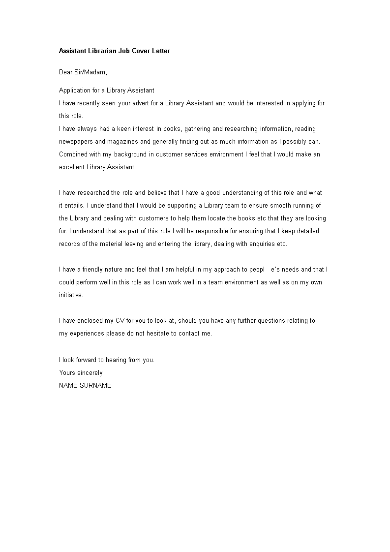 free cover letter for library assistant