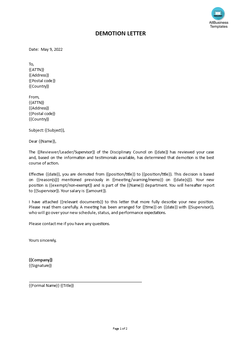 demotion letter template