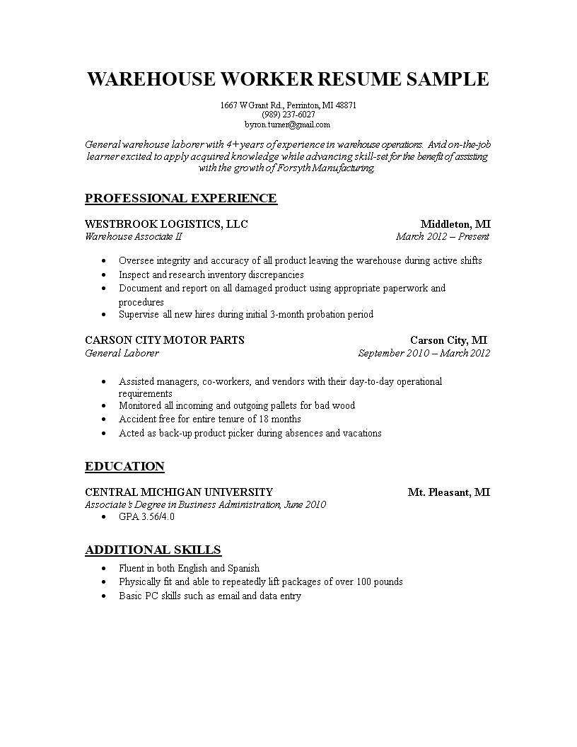 Warehouse Worker Resume main image