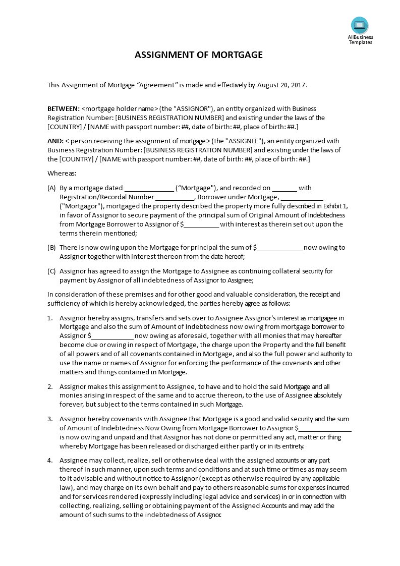 assignment of mortgage agreement template