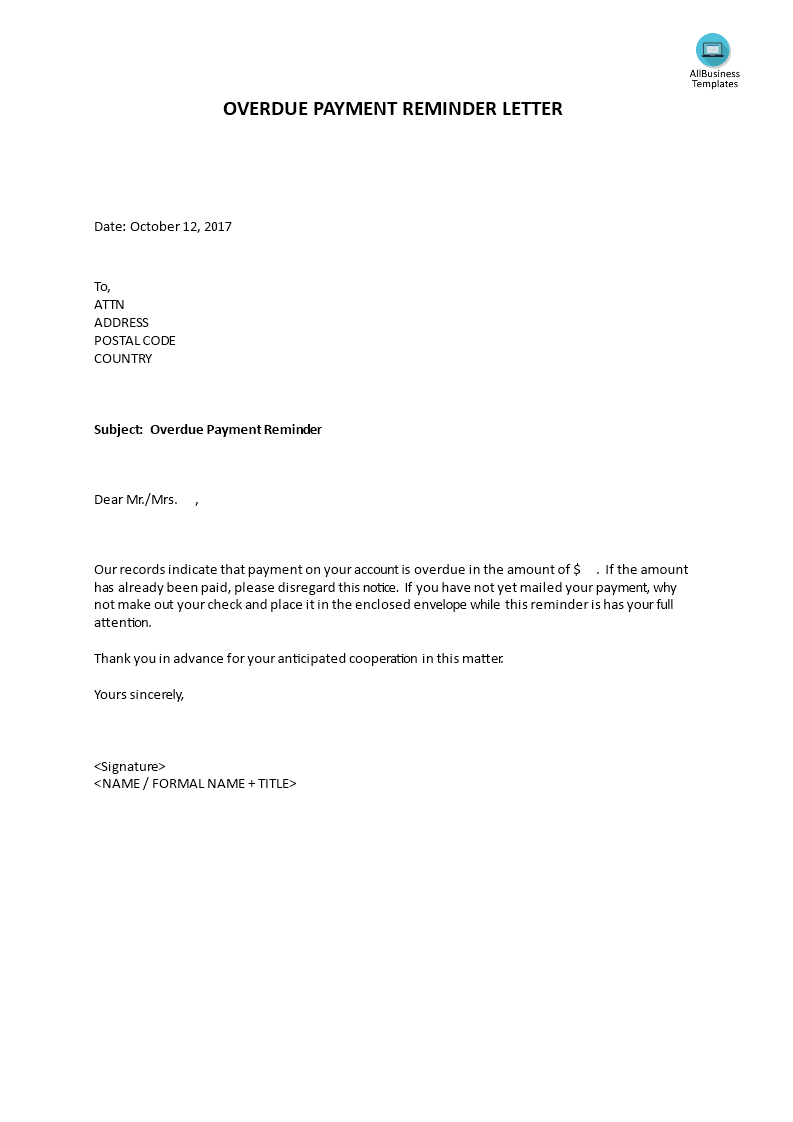 overdue payment reminder letter example template