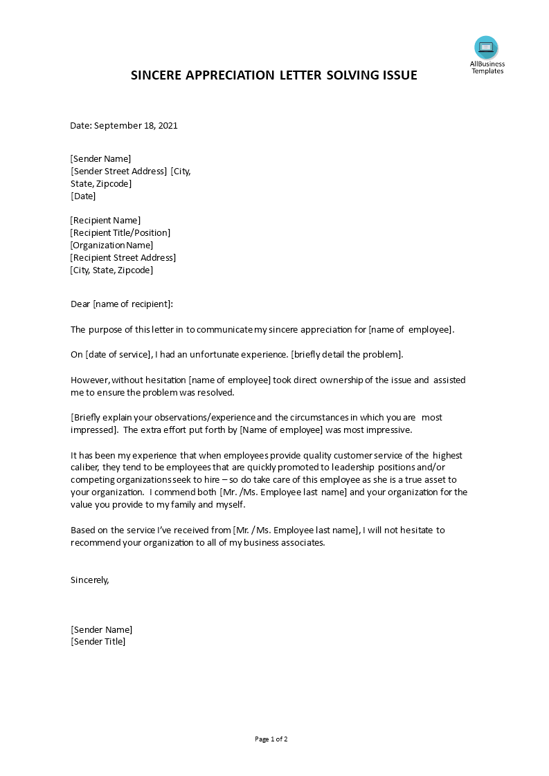 appreciation letter to staff for resolving an issue Hauptschablonenbild
