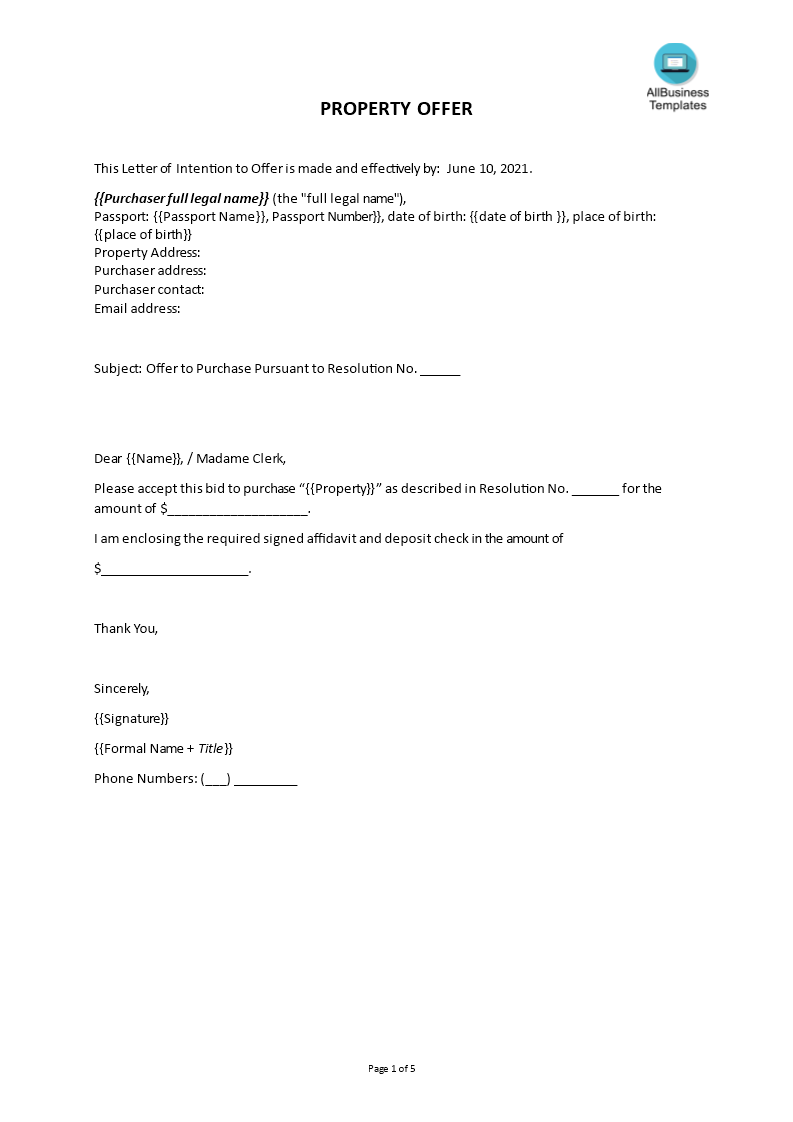 sample offer letter for selling a house template