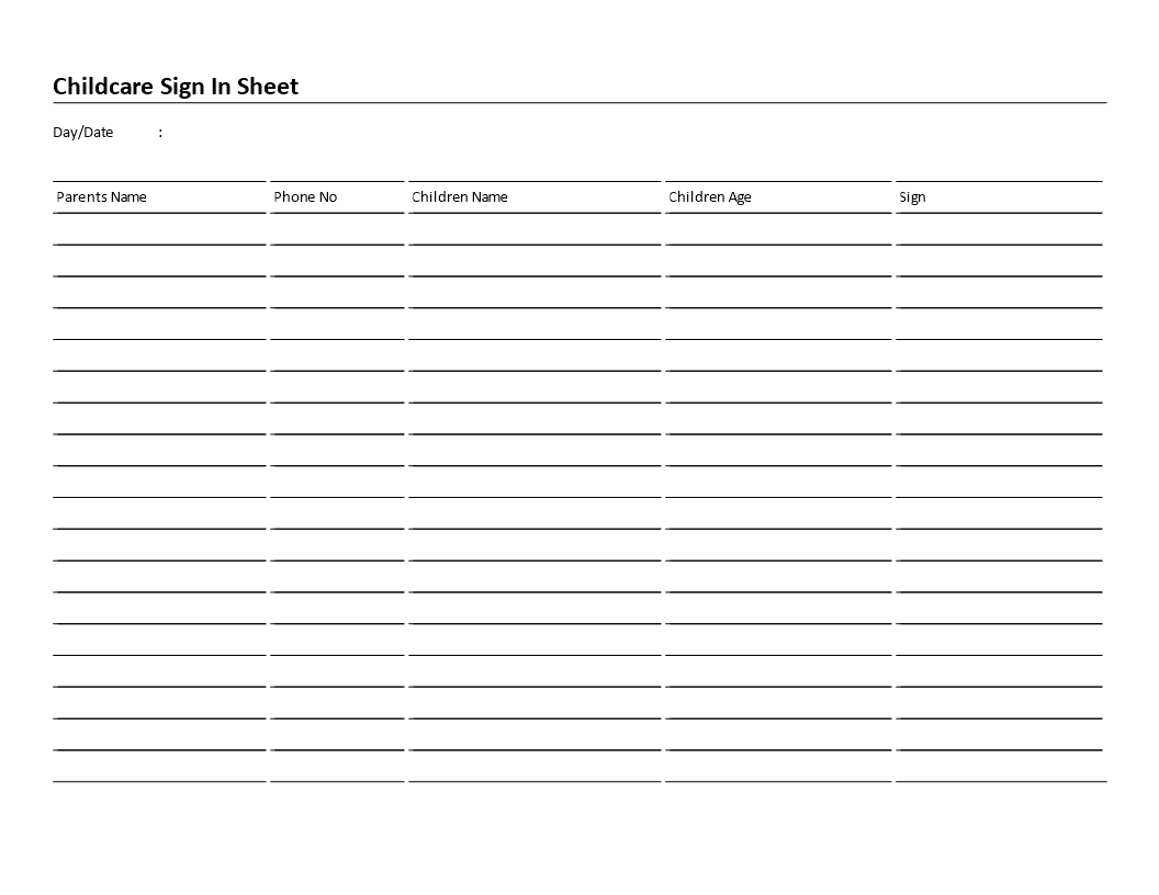 childcare sign in sheet columns landscape modèles