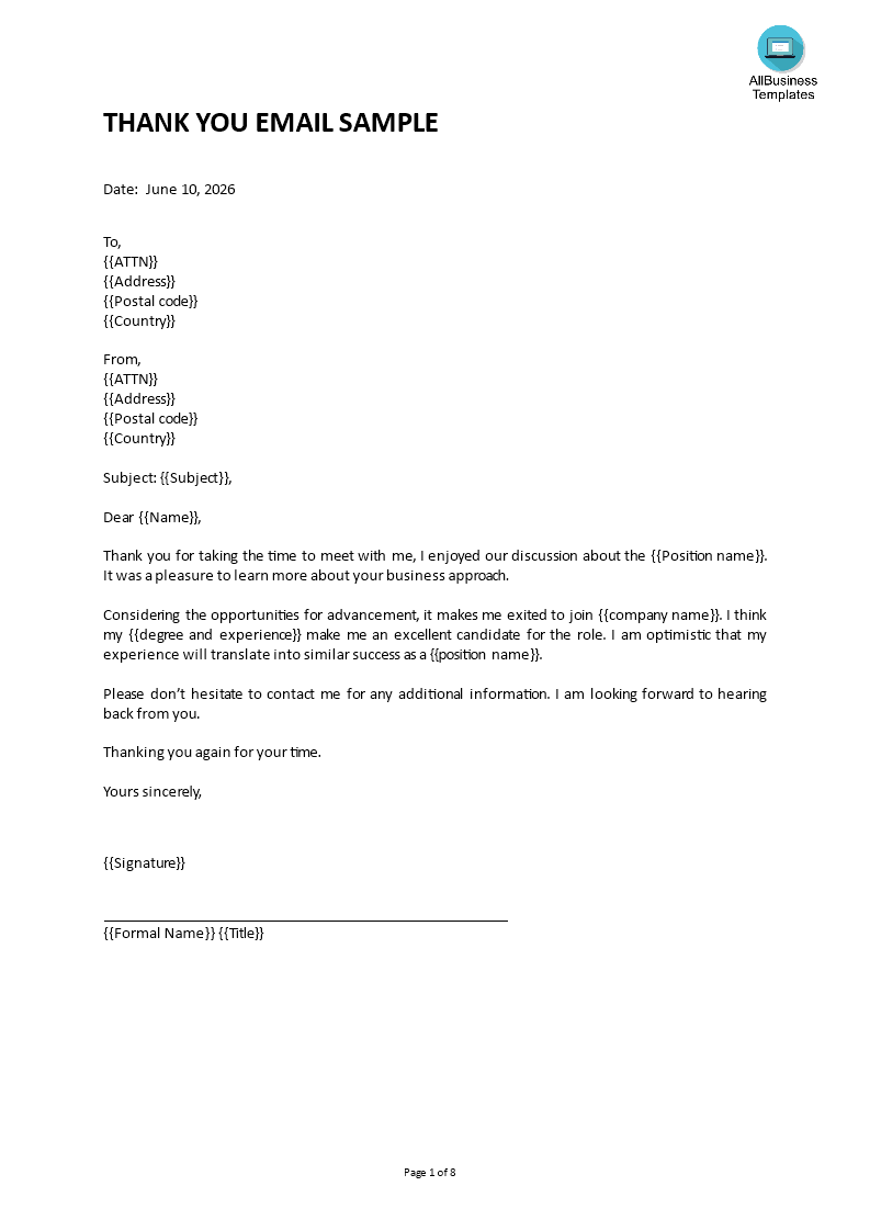 thank you letter personal interview Hauptschablonenbild