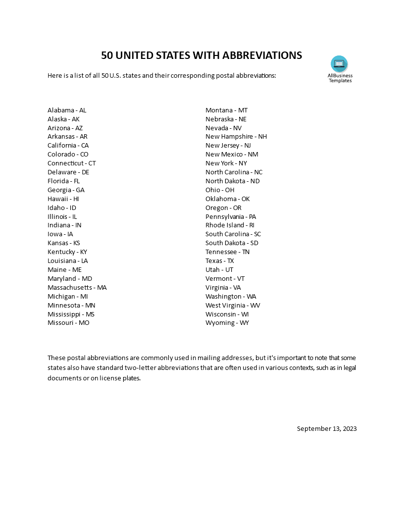 50 US States Abbreviations 模板