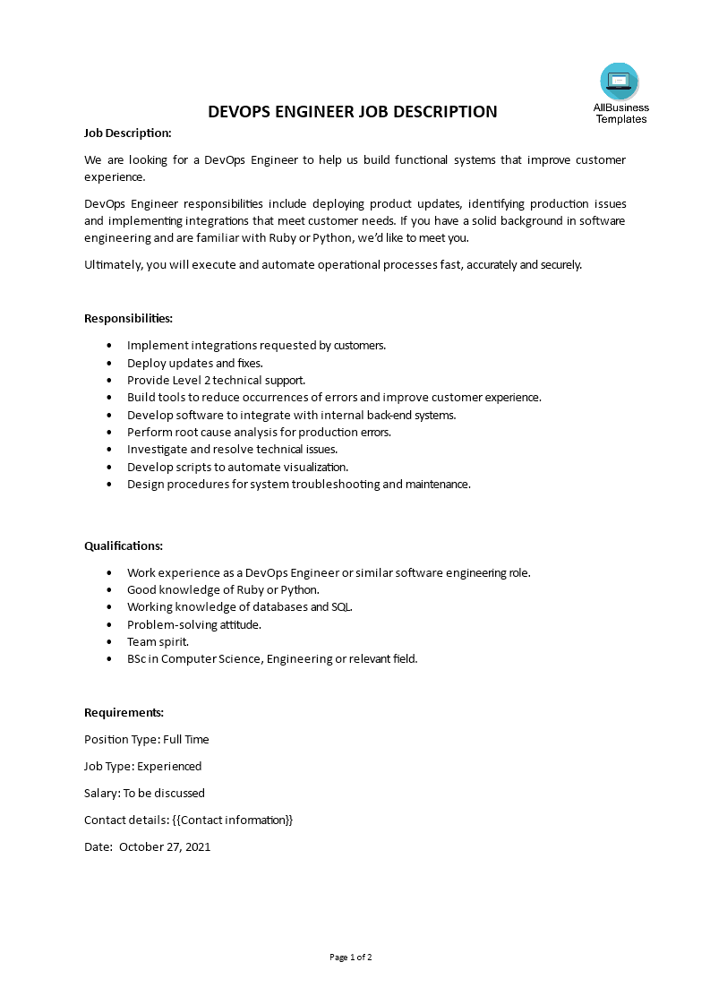 Devops Engineer Job Description 模板