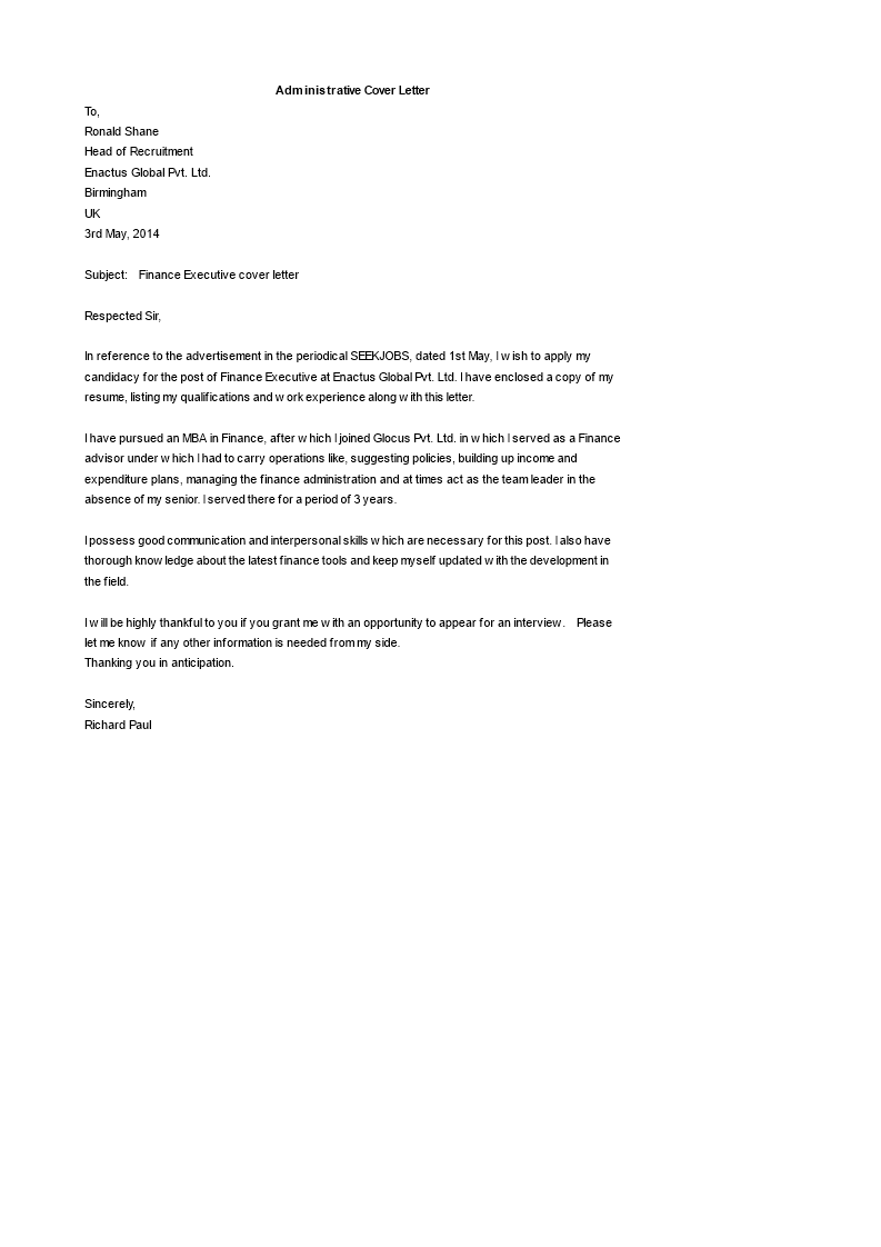 administrative cover letter editable voorbeeld afbeelding 