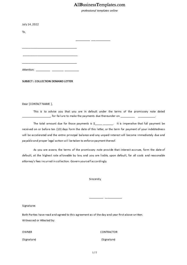 collection demand letter Hauptschablonenbild