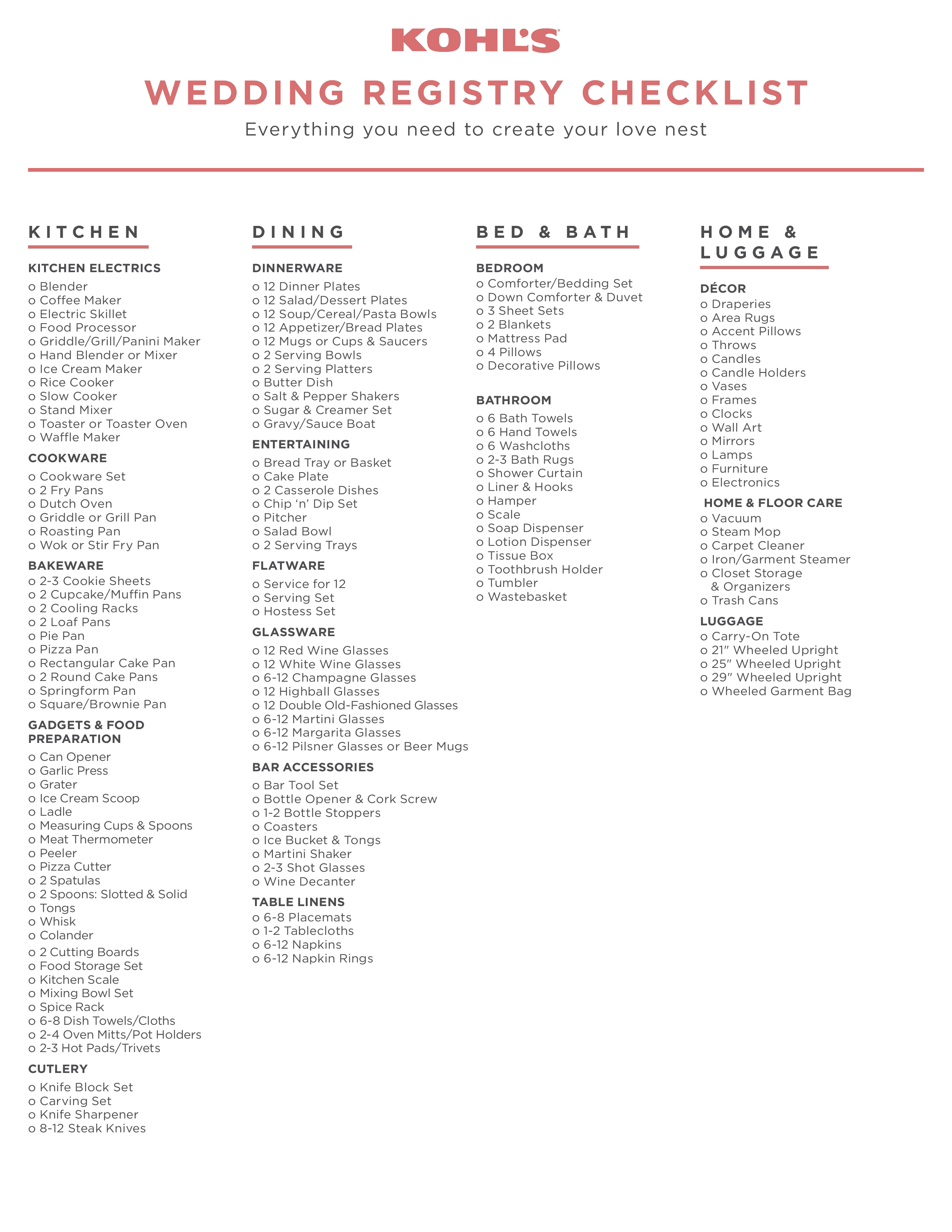 printable wedding registry checklist template