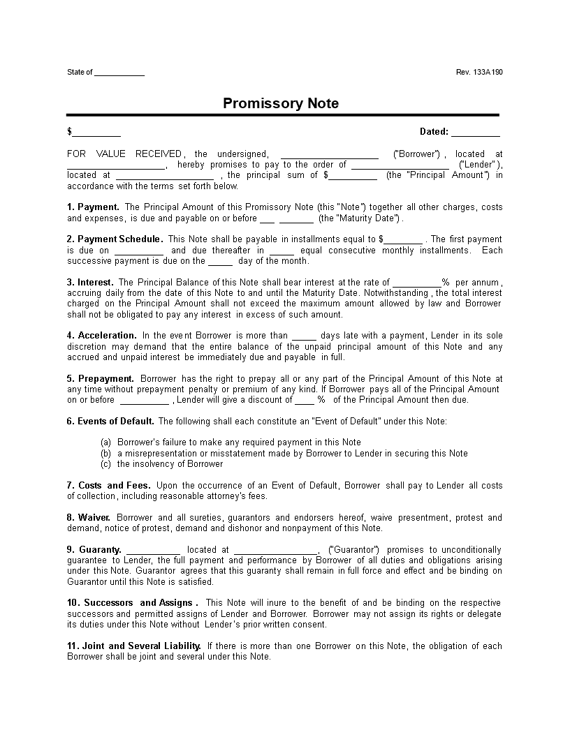 promissory note installment payment clean unsecured plantilla imagen principal