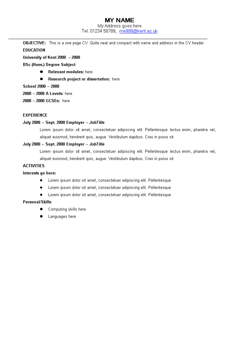 one page curriculum vitae format template