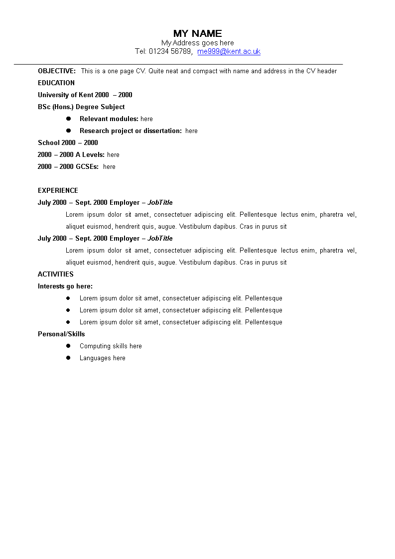 one page curriculum vitae format Hauptschablonenbild