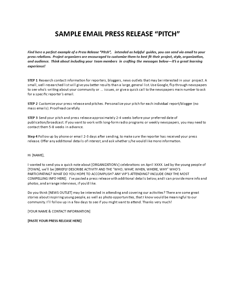 Press Release Email Template  Templates at allbusinesstemplates