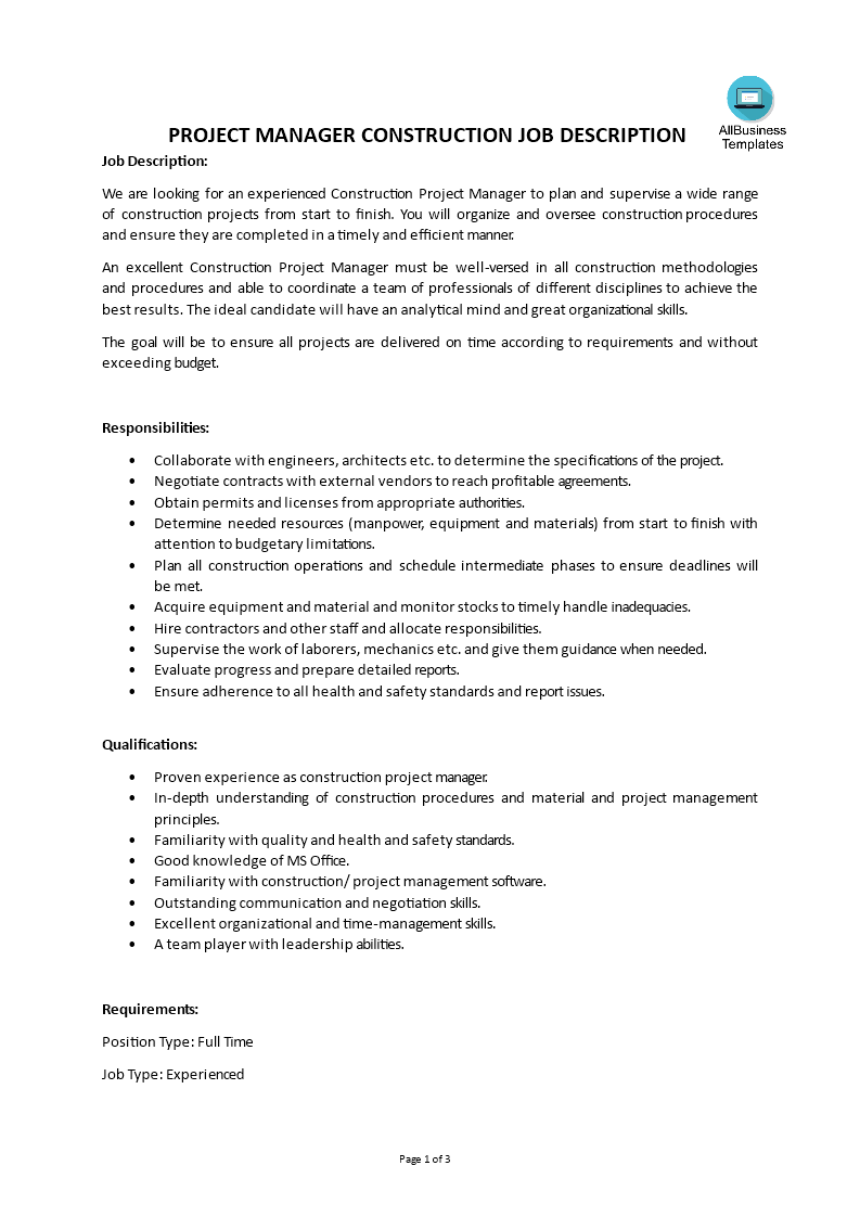 project manager construction job description modèles