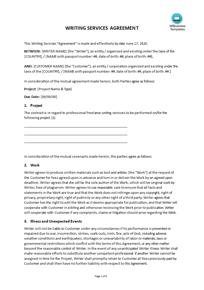 Freelance Writer Contract Templates at