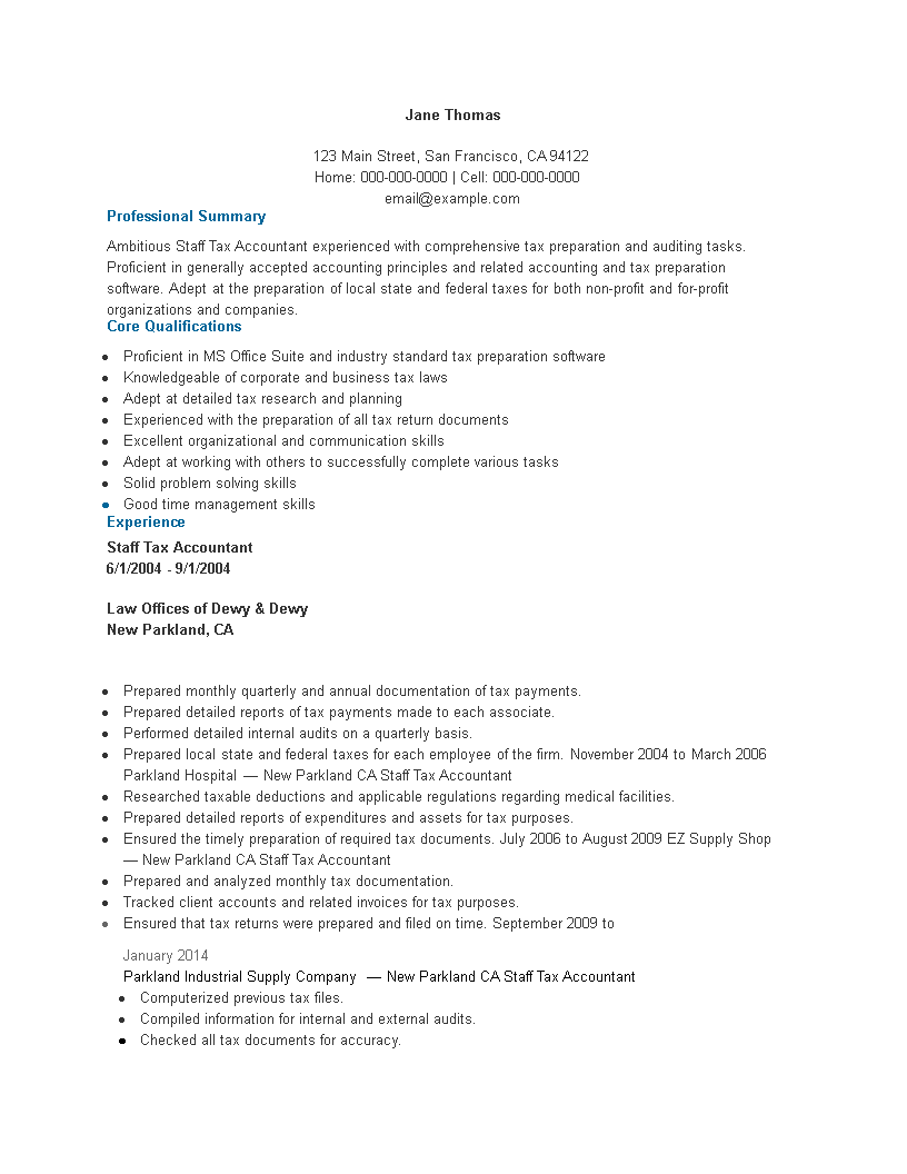 staff tax accountant resume modèles