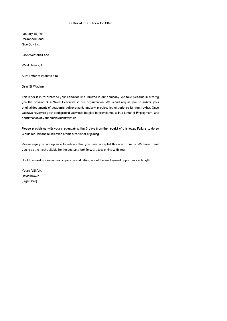 job offer letter of intent modèles