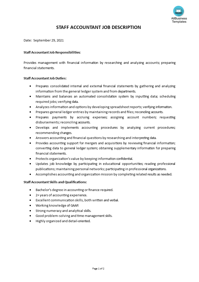 staff accountant job description template