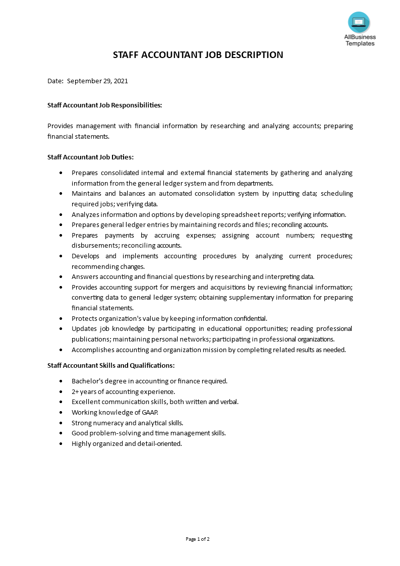 staff accountant job description modèles