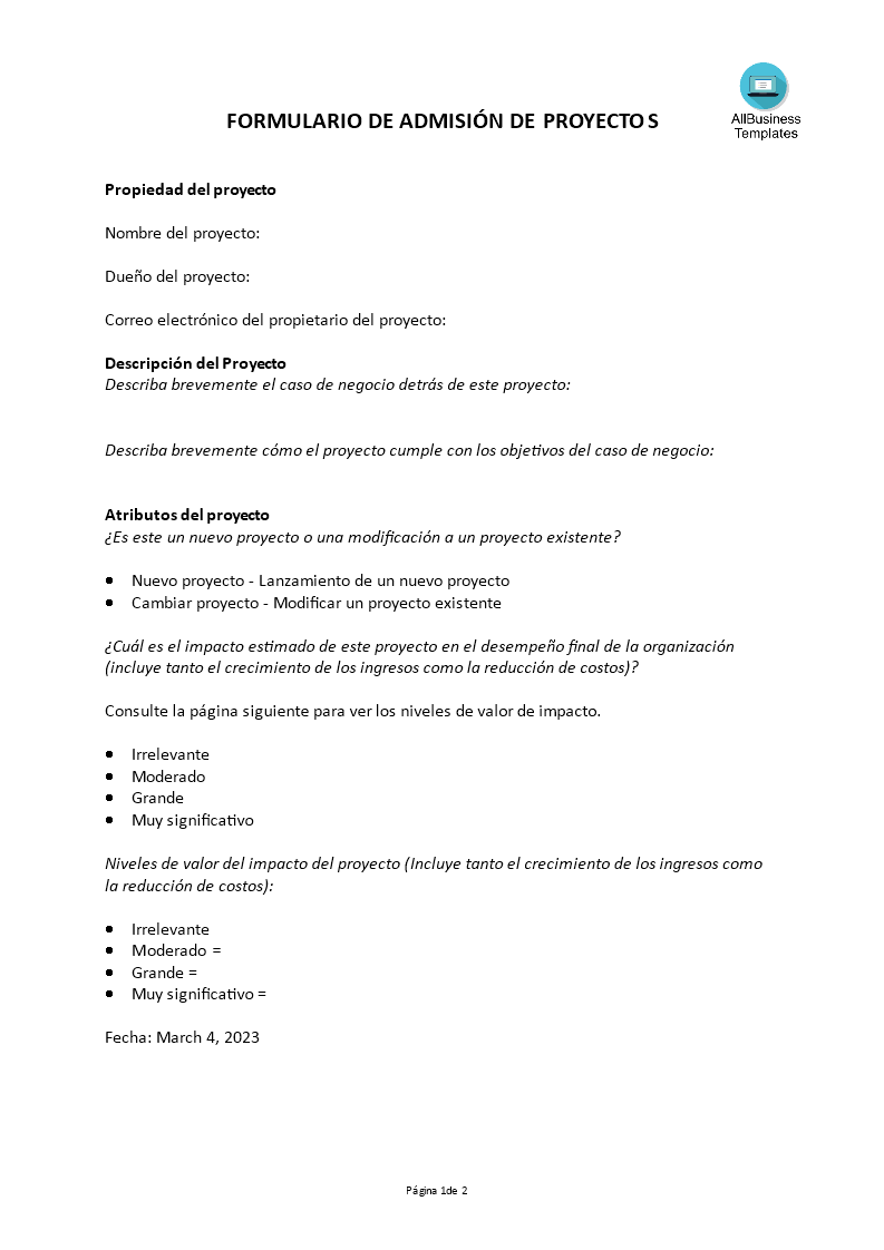 formulario de admisión de proyectos Hauptschablonenbild