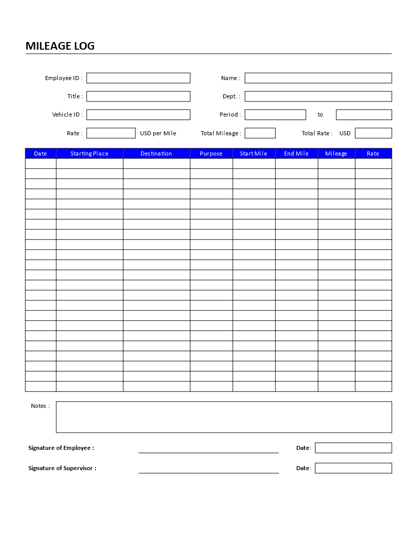 employee mileage log template modèles