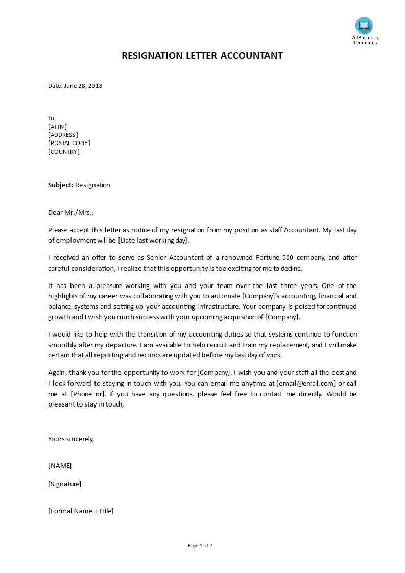 Formal Resignation Letter Accountant staff Templates at