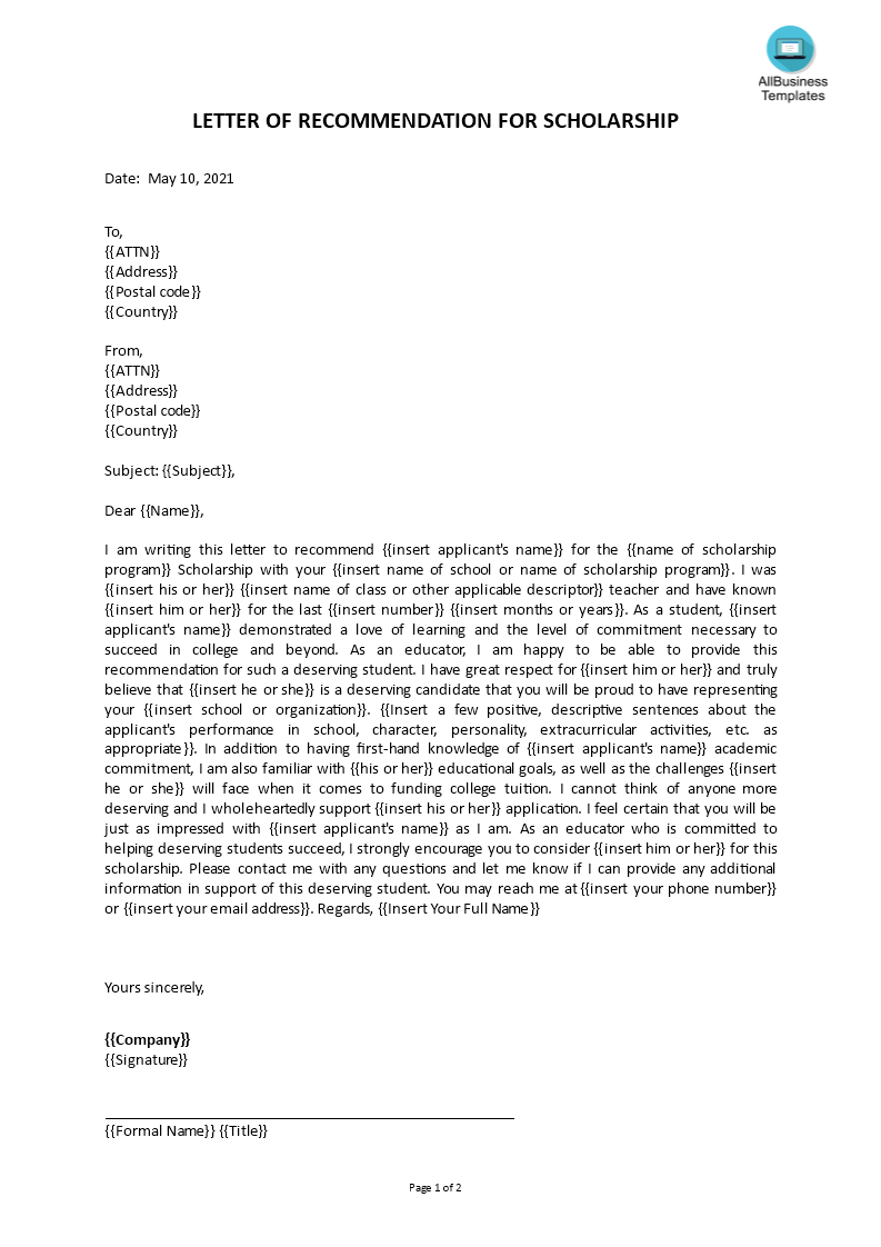 letter of recommendation for scholarship sample voorbeeld afbeelding 